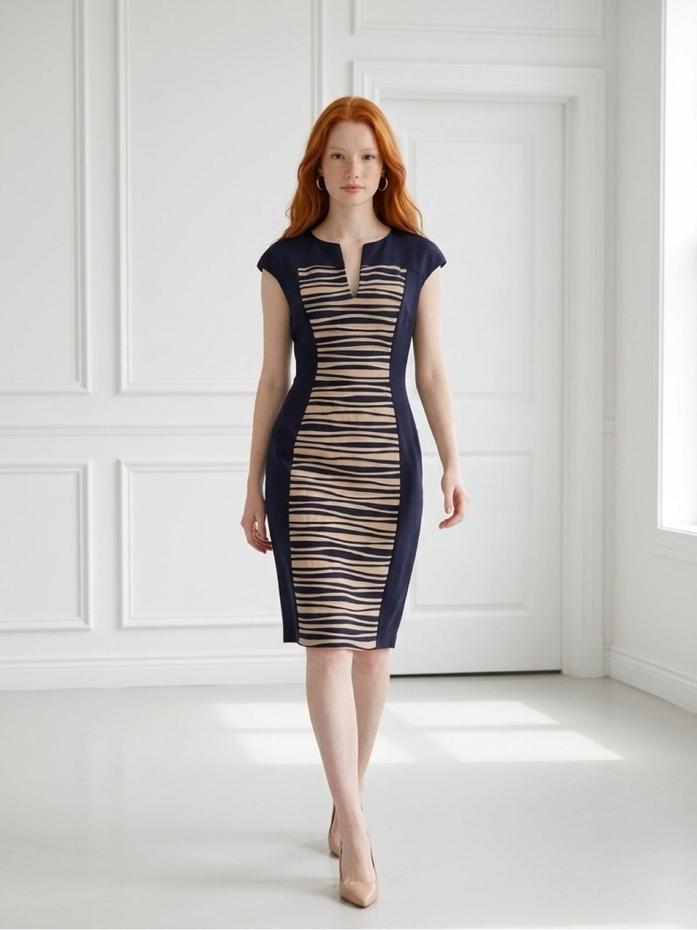 Connected Navy and Beige Striped Sheath Dress